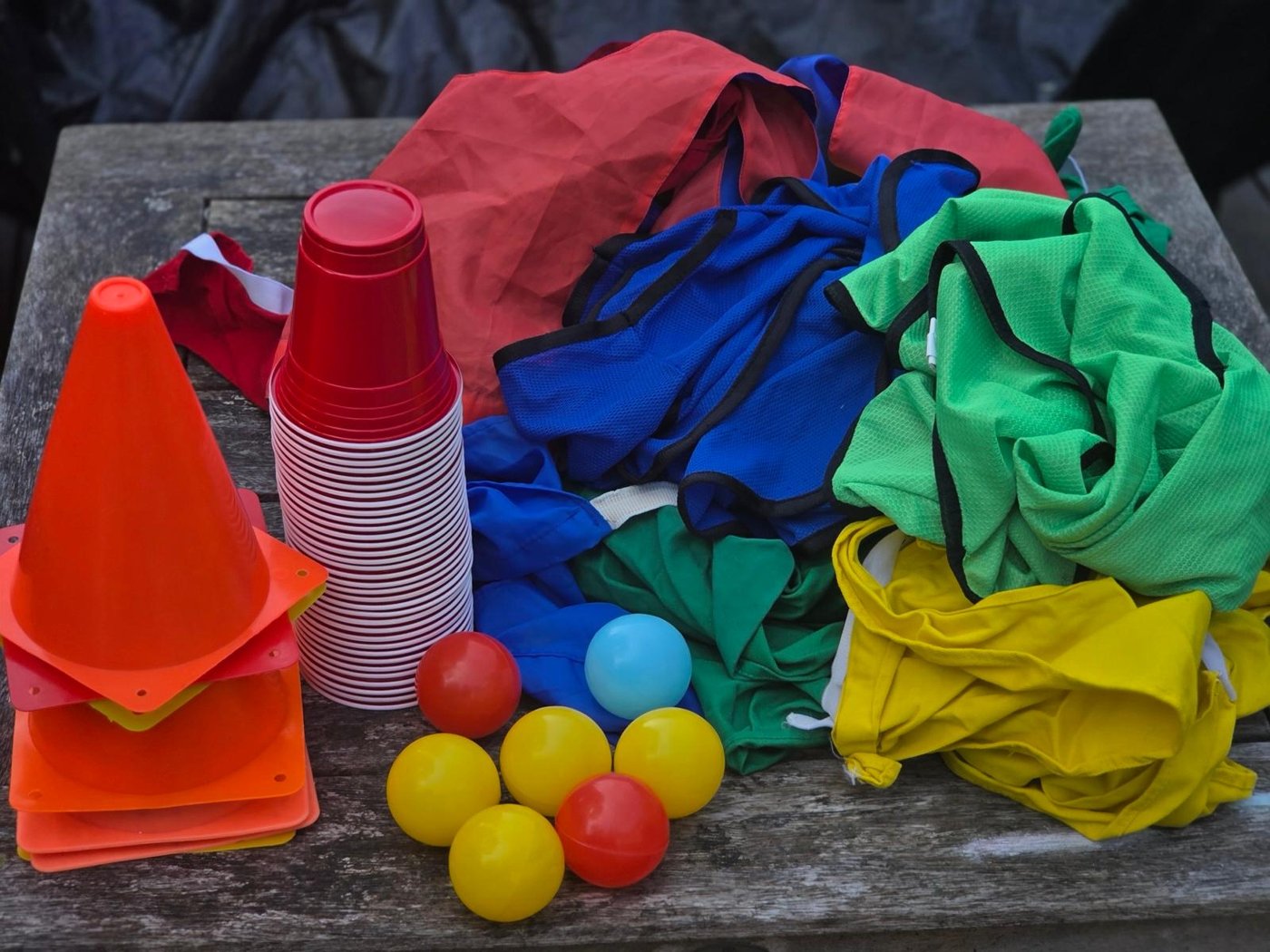 Cones, balls and bibs prepared for activities