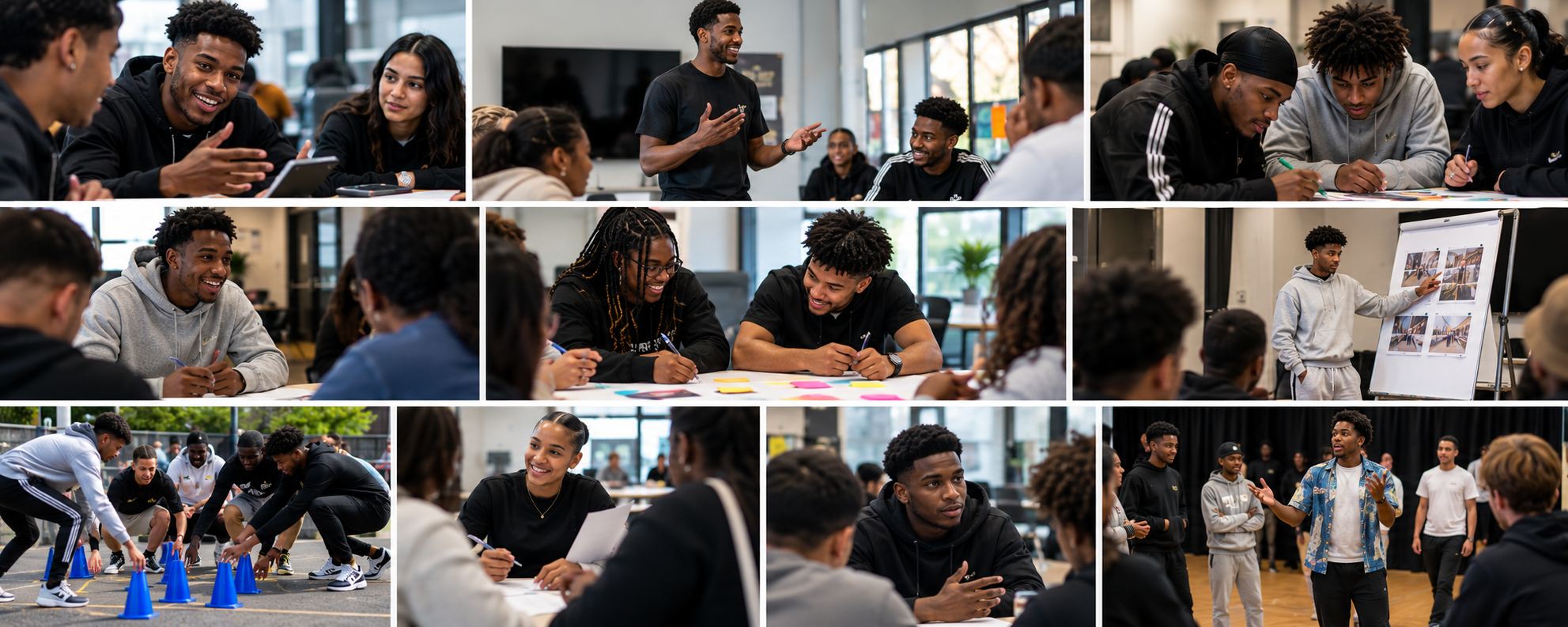 Illustrative scenes of young adults practising teamwork